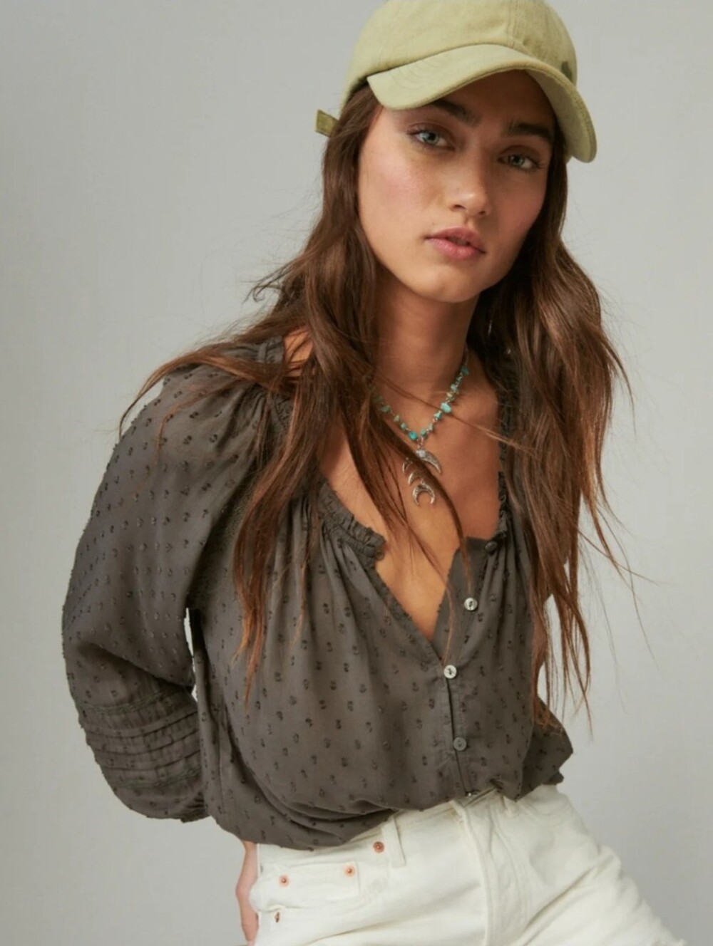 Lucky Brand Charcoal Swiss Dot Peasant Blouse Size M